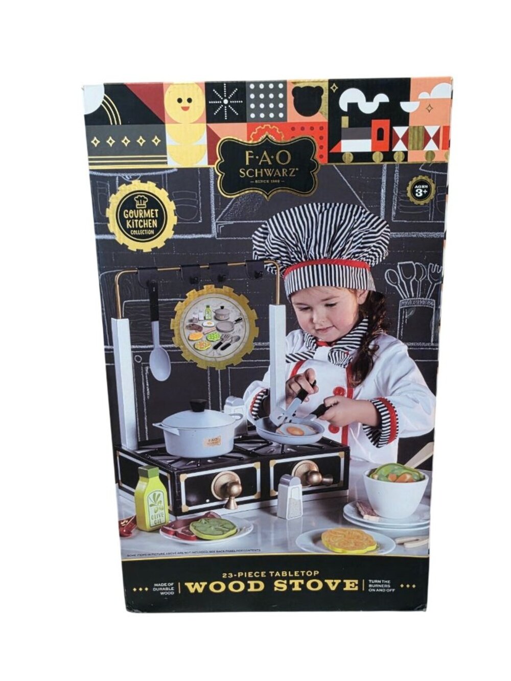 FAO Schwarz Gourmet Kitchen 23-Piece Tabletop Wood Stove Play Set NIB